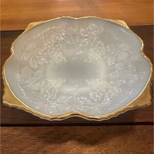 Vintage Milk Glass Serving Bowl with Gold Ring and Grapes pattern